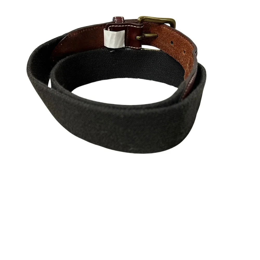 LL Bean Size 34 Woven Elastic Belt Brown Leather Brass Buckle Made in USA